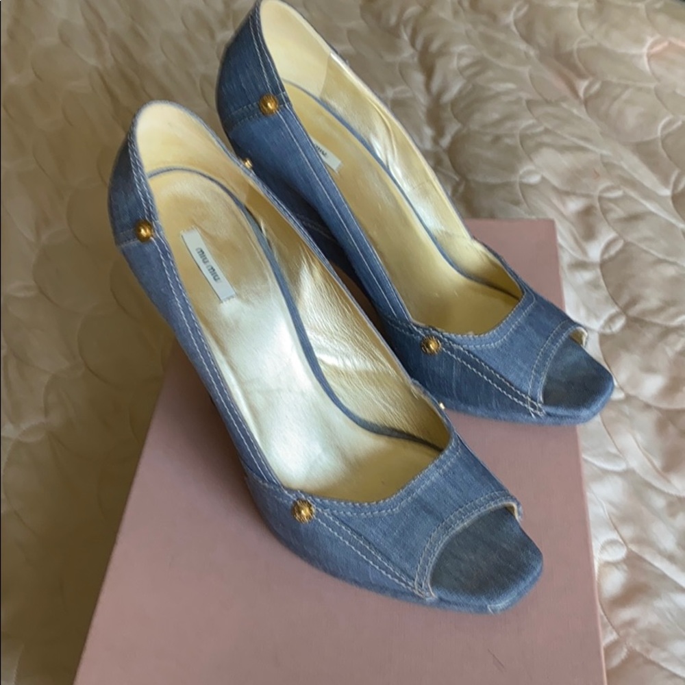 Stunning Miu Miu Denim Wedge Open Toe Shoe